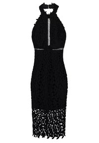 Robe noire avec un col licou, motif texturé feuilles, silhouette ajustée, accent de rayures verticales et détail en dentelle à l'ourlet inférieur.