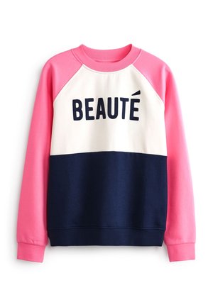 Crewneck-Pullover mit pinken Ärmeln, weißem Oberkörper, marineblauem Unterkörper und fettem schwarzen Schriftzug "BEAUTÉ" auf der Brust.