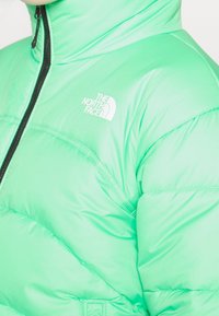 Nærbillede af en mintgrøn pufferjakke med sort lynlås og hvid The North Face-logo på brystet.