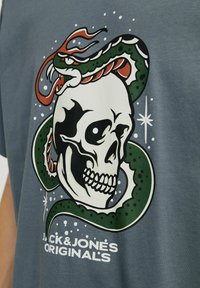 Grå bomulds T-shirt med en farverig grafik af et kranium snoet sammen med en slange og teksten "JACK&JONES ORIGINALS" nederst.