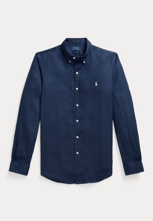 Camicia blu navy a manica lunga con bottoni bianchi e logo Polo Ralph Lauren ricamato sul petto.