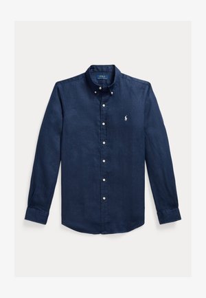 Camicia blu navy a manica lunga con bottoni bianchi e logo Polo Ralph Lauren ricamato sul petto.