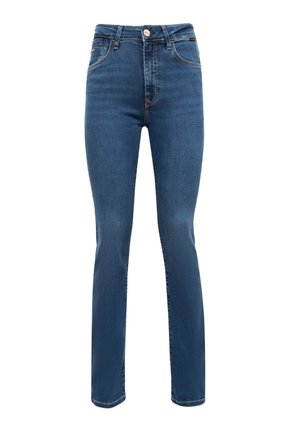 Blaue Jeans aus Denim mit hoher Taille, geradem Bein, Knopfverschluss und subtilen Stitching-Details an Taschen und Nähten.