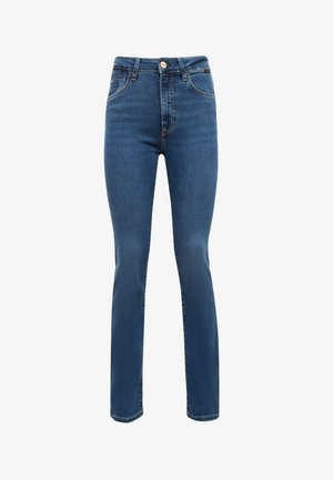 Blue denim jeans with a high waist, straight leg design, button closure, and subtle stitching details on pockets and seams.