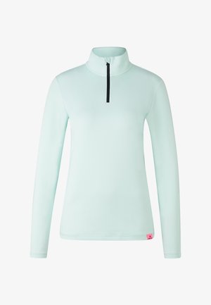 Helles mintgrünes Langarm-Pullover mit hohem Kragen und schwarzem Reißverschluss. Verfügt über flache Nähte und ein kleines pinkes Logo-Tag am Saum.