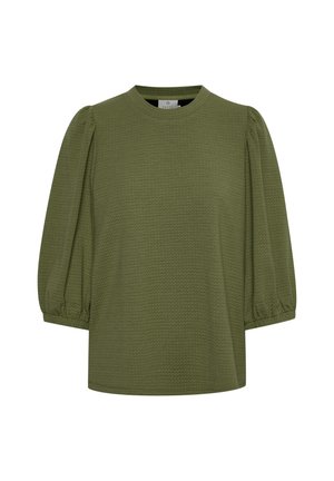 Top verde oliva con texture, scollatura rotonda e maniche a sbuffo, caratterizzato da una vestibilità dritta e dettagli a costine lungo i bordi.