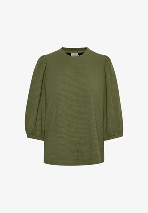 Olivgrön texturerad topp med rund halsringning och puffärm, med rak passform och ribbdetaljer längs kanterna.