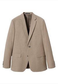 Blazer beige realizzato in tessuto testurizzato, con chiusura a un bottone, due tasche frontali e rever a punta.