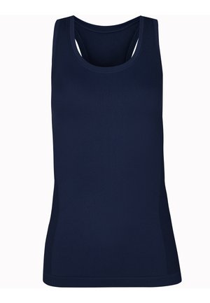 Marineblauwe tanktop met een getailleerd ontwerp, gemaakt van soepele stof, met gaas zijkanten en een ronde halslijn.