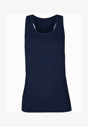 Marineblauwe tanktop met een getailleerd ontwerp, gemaakt van soepele stof, met gaas zijkanten en een ronde halslijn.