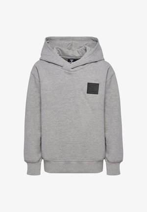 Grauer Hoodie mit lässiger Passform, ausgestattet mit einer großen Kapuze, gerippten Bündchen und einem strukturierten schwarzen Logo-Patch auf der Brust. Weicher Stoff.
