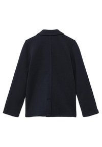 Tmavě modrá bunda s dlouhým rukávem z texturované látky, s šálovým límcem a rovným zadním střihem bez viditelných zapínání.