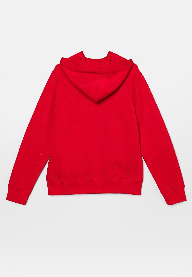 Felpa rossa con cappuccio, tasca frontale, cappuccio con cordini, polsini e orlo a coste. Tessuto morbido e superficie liscia, senza ulteriori motivi o dettagli.