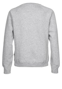 Ljusgrå långärmad sweatshirt sedd bakifrån, med ribbade ärmslut och nederkant samt en enkel, slät design.