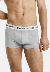 Gray cotton boxer briefs with a white waistband featuring black "GANT" logo. The fabric appears soft with a snug fit and flat seams.