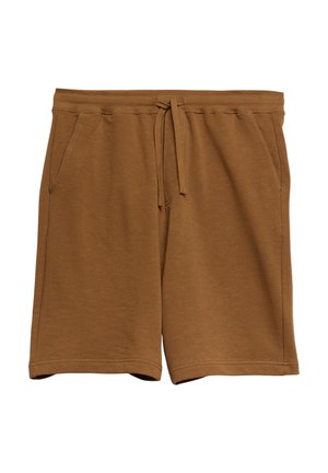 Brązowe bawełniane szorty z elastycznym pasem, troczkiem i kieszeniami po bokach, ułożone płasko na białym tle.