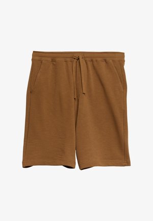 Brązowe bawełniane szorty z elastycznym pasem, troczkiem i kieszeniami po bokach, ułożone płasko na białym tle.