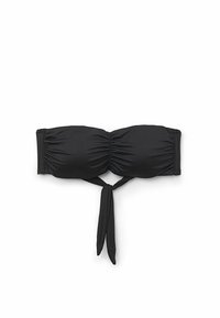 Czarny bikini górny stanik w stylu bandeau, wykonany z elastycznej tkaniny, z marszczeniem i związaniem z przodu. Gładka tekstura i jednolity kolor.