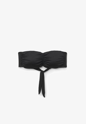 Černý bandeau bikiny top vyrobený z elastické tkaniny s nabíraným detailem a zavazováním v přední části. Hladká textura a jednobarevný design.