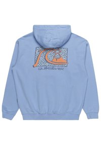 Light blue hoodie featuring a patterned graphic on the back with an orange design and "Quiksilver" text at the bottom. Cotton material.