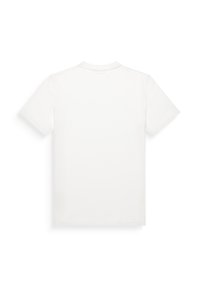 Camiseta blanca de manga corta con escote redondo. Tejido de algodón suave, corte clásico y sin patrones ni gráficos visibles en la parte posterior.