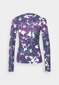 Långärmad atletisk topp med en mörk marinblå bas och abstrakta mönster i lila, grönt och vitt. Tillverkad av stretchigt, mjukt tyg.