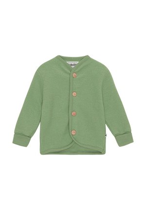 Cardigan vert en tissu doux, doté d'un design croisé, de cinq boutons en bois et de poignets côtelés.
