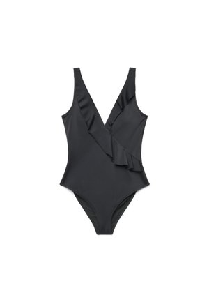 Costume intero nero con scollo profondo a V e dettaglio di volant diagonale sul davanti e sulle spalline.