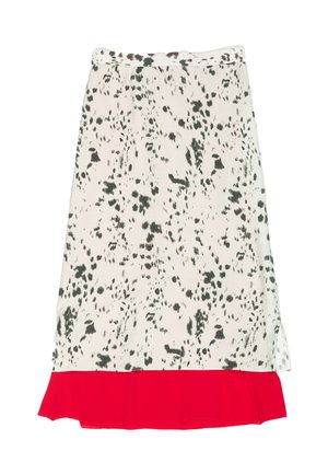 Weißer Rock mit schwarzem Spritzmuster, ausgestattet mit einem roten Rüschensaum. Weicher Stoff mit elastischem Bund, knielanger Schnitt.