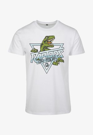 White cotton t-shirt featuring a graphic print of a dinosaur with the text "Raptors On Tour" in blue and black, framed by triangles.