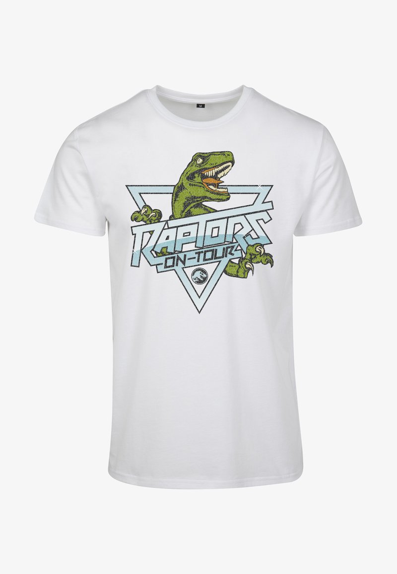 Witte katoenen t-shirt met een grafische print van een dinosaurus en de tekst "Raptors On Tour" in blauw en zwart, omrand door driehoeken.