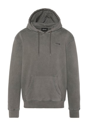 Sudadera con capucha gris con un bolsillo frontal, cordones y puños acanalados; presenta un sutil logotipo en el pecho y un acabado suave y texturizado.