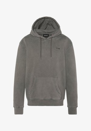 Grijze pullover hoodie met een voorzak, trekkoorden en ribgebreide manchetten; heeft een subtiele branding op de borst en een zachte, gestructureerde afwerking.