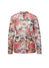 Langärmliges Oberteil aus leichtem, glattem Stoff mit einem mehrfarbigen Blumenmuster. Mit hohem Kragen und abgerundetem Saum.