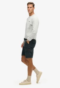 Lys grå sweatshirt og mørke cargo shorts, struktureret stof, med lommer. Fodtøj: beige sneakers og strukturerede crew-sokker.