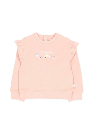 Felpa rosa chiaro a maniche lunghe per bambino con dettagli arricciati sulle spalle e piccole illustrazioni di cavalli in tonalità pastello sul petto.