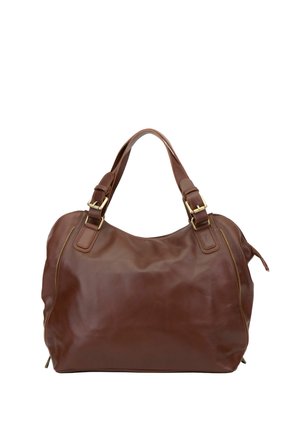 Sac à main en cuir marron avec deux poignées et des accents de boucle dorée, avec des fermetures éclair latérales et une forme douce, légèrement arrondie.