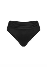 Czarne majtki bikini o wysokim stanie z detalami w postaci marszczonego pasa. Wykonane z gładkiego, elastycznego materiału, bez widocznych elementów metalowych ani wzorów.