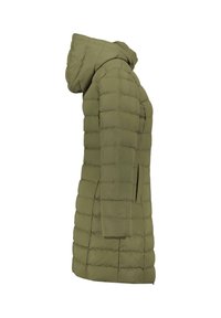 Olivgrön vadderad jacka med huva, med horisontellt quiltade sektioner, sidofickor och en rak silhuett.