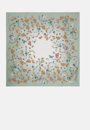 Square scarf with floral and butterfly patterns in orange, white, blue, and purple on a green border with a central cream area.