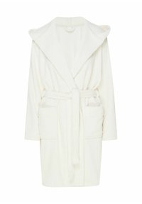 Kremowy szlafrok z kołnierzem typu szal, paskiem w talii i dwoma przednimi kieszeniami; wykonany z miękkiego, teksturowanego materiału.