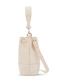 Világos bézs vödör táska sima bőr felső résszel és velúr alsó résszel. Aranyszínű hardverrel és állítható pánttal rendelkezik.