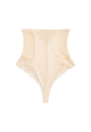 Beežika värvi kõrge vöökohaga kujundav string, millel on ülalt ees ning jalgade avadel pitsääris, disainitud sujuva silueti jaoks.