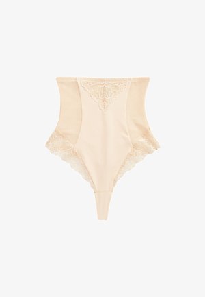 Chilot tanga modelator bej cu talie înaltă, cu dantelă pe partea superioară frontală și la deschiderile pentru picioare, conceput pentru o siluetă netedă.