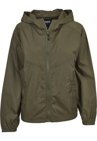 Olivgrön lättviktsjacka med huva, frontdragkedja, elastiska ärmmuddar och sidofickor. Slät, vattenavvisande tyg, avslappnad passform.