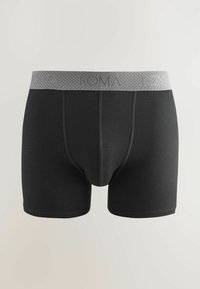 Boxer-briefs noirs pour hommes avec une ceinture élastique grise présentant le logo "ROMA" répété et des détails de couture sur le panneau avant.