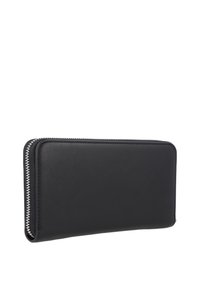 Portafoglio in pelle nera con una texture liscia, forma rettangolare e dettaglio con zip bianca lungo il bordo. Nessun logo o motivo visibile.