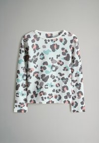 Ilgai rankovė šviesiai mėlynos spalvos marškiniai su daugiaspalviu leopardų raštu, kuriame yra juodų, rožinių ir žydro atspalvių dėmių. Apvalus iškirpimas ir laisvas siluetas.