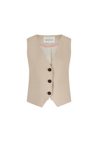 Beige ärmellose Weste mit V-Ausschnitt, ausgestattet mit drei dunklen Knöpfen, zwei vorderen Taschen und einem hellrosa Futter.