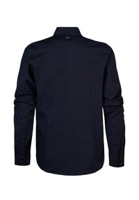 Navy blauwe langermige shirt van katoen. Heeft een kraag, knopenmanchetten en een rechte achterkant met een subtiele naaddetail.